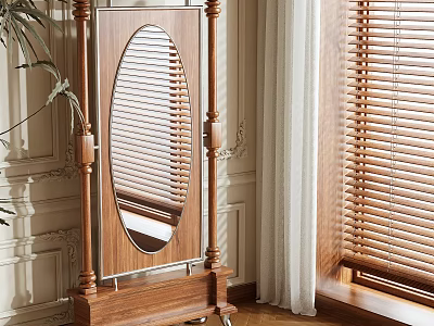 Oval Wooden Floor Mirror With Decorative Frame In Living Room Featuring Wooden Blinds And Curtains 3d model
