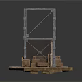 Industrial Metal Frame Structure On Wooden Platform With Crates And Pallets