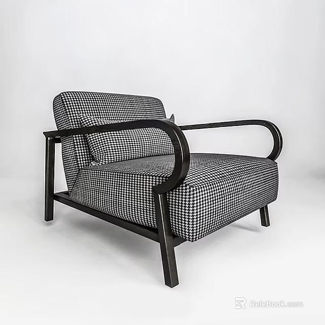Modern Checkered Single Sofa with Black Frame and Curved Armrests Design 3d model