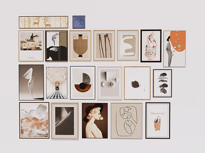 Diverse Framed Artworks Collection on White Wall with Various Styles and Designs 3d model