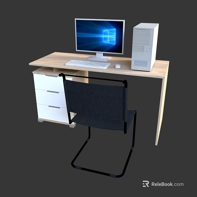 Modern Home Office Desk And Chair Set With Computer Monitor Keyboard And Drawers 3d model 