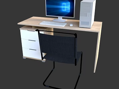 Modern Home Office Desk And Chair Set With Computer Monitor Keyboard And Drawers 3d model
