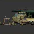 Scenic Components with Yellow Truck Green Awning Wooden Frame Small Table Plants and Ladder