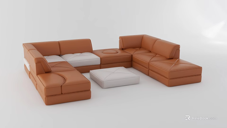 Brown Leather Leisure Sofa Set With Modular Corner Design And White Ottoman 3d model