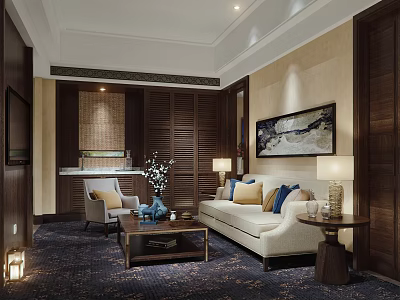 Elegant Living Room Interior With White Sofa Coffee Table Wooden Panels And Decorative Painting 3d model