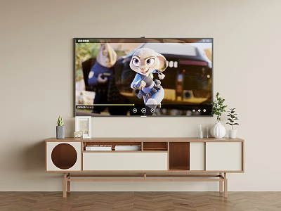 Modern Wooden TV Stand Design With TV Potted Plants Photo Frame And Decorations 3d model
