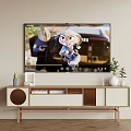 Modern Wooden TV Stand Design With TV Potted Plants Photo Frame And Decorations