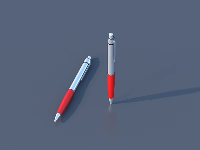 Red and Silver Pens with One Slanted and One Standing Upright on Gray Background 3d model