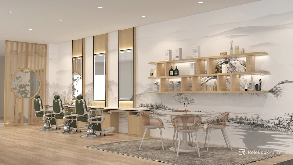 Modern Beauty Hair Salon Interior With Stylish Chairs Mirrors Wooden Decor And Product Shelves 3d model 