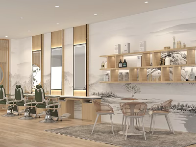 Modern Beauty Hair Salon Interior With Stylish Chairs Mirrors Wooden Decor And Product Shelves 3d model