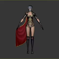 Game Movie Warrior Character With Blue Hair Golden Armor Red Cape And Black Boots
