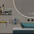 Modern Bathroom Interior With Wall Cabinets Mirror Shelves Teal Sink And Toiletries Storage