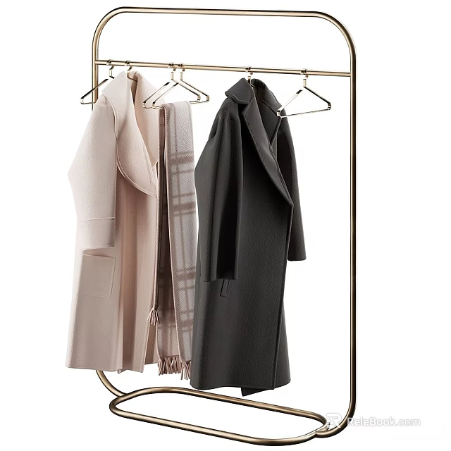 Metal Clothes Hanger With Hanging Coats And Plaid Scarf In Minimalist Style 3d model 