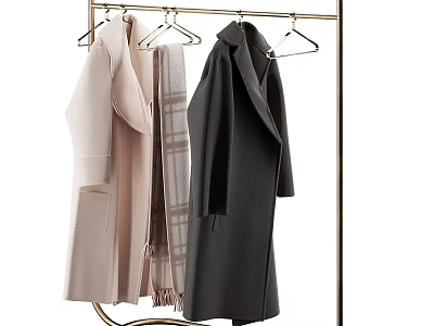 Metal Clothes Hanger With Hanging Coats And Plaid Scarf In Minimalist Style 3d model