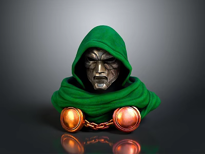 Mysterious Green Hooded Silver Masked Game Movie Character With Copper Orbs And Chain 3d model