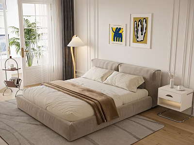 Bedroom Interior Design With Gray Bed White Nightstand Wall Art Curtains And Carpet 3d model