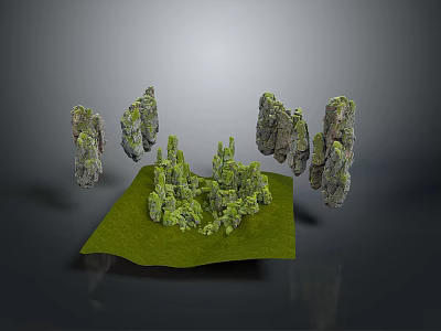Natural Wood And Stone Decorative Rocks With Moss Covered Surfaces On Green Grass Base 3d model