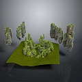 Natural Wood And Stone Decorative Rocks With Moss Covered Surfaces On Green Grass Base