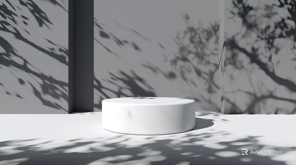 White Round Display Shelf With Tree Shadows On Gray Background Wall And White Floor 3d model 