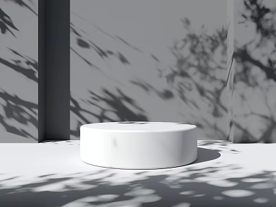 White Round Display Shelf With Tree Shadows On Gray Background Wall And White Floor 3d model