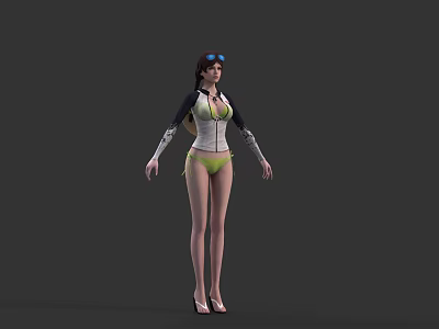 Woman Wearing White Black Top Green Bikini Bottoms High Heels Headgear on Gray Background 3d model