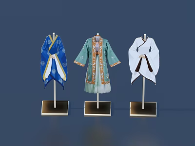 Traditional Clothing Display Featuring Blue Green White Robes With Embroidery And Sashes 3d model