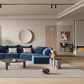 Modern Living Room Interior With Blue Sofa Round Mirror Green Plant Coffee Table And Rug