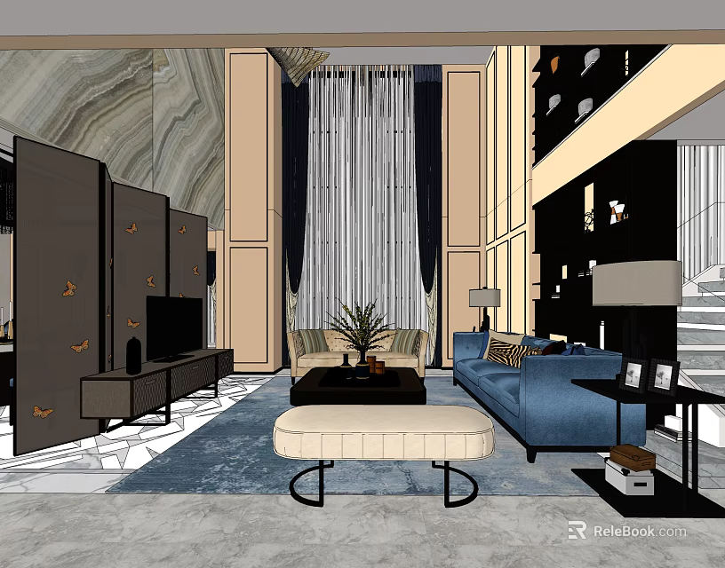 Elegant Modern Duplex Living Room Interior With Blue Sofa Coffee Table TV Cabinet And Curtains 3d model 