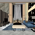 Elegant Modern Duplex Living Room Interior With Blue Sofa Coffee Table TV Cabinet And Curtains