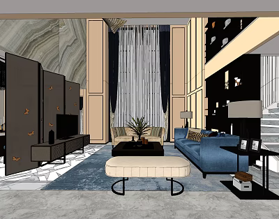 Elegant Modern Duplex Living Room Interior With Blue Sofa Coffee Table TV Cabinet And Curtains 3d model