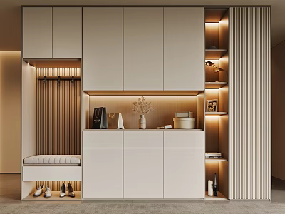 Modern Shoe Cabinet With Storage Space Hanging Rack Bench Vase Books And Warm Lighting Design 3d model