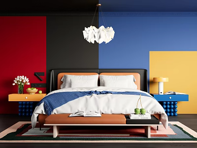 Vibrant Bedroom with Colorful Walls White Chandelier Bed Orange Bench and Rug 3d model
