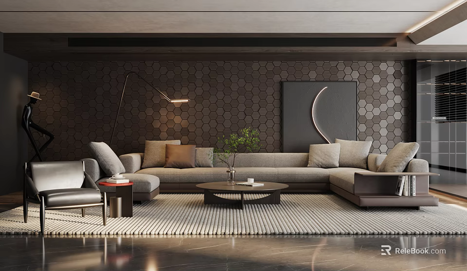 Modern Living Room With Sectional Sofa Floor Lamp And Artwork 3d model 