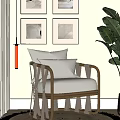 Modern Single Sofa With Wooden Frame Upholstered Cushion And Wall Paintings Floor Lamp Plant