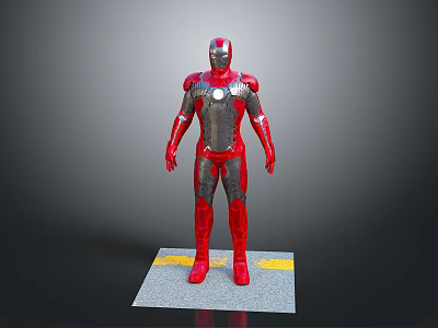 Iron Man Armor in Red and Silver Standing on Gray Platform With Yellow Lines 3d model