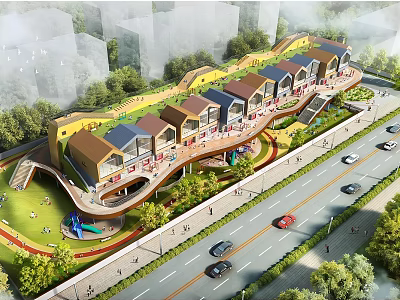 Modern School Building Design With Green Roof Surrounding Greenery And Playground Slide 3d model