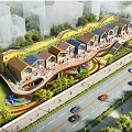 Modern School Building Design With Green Roof Surrounding Greenery And Playground Slide