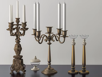 Elegant Assorted Candle Holders with Vintage Carvings and Modern Metal Designs 3d model