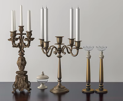 Elegant Assorted Candle Holders with Vintage Carvings and Modern Metal Designs 3d model
