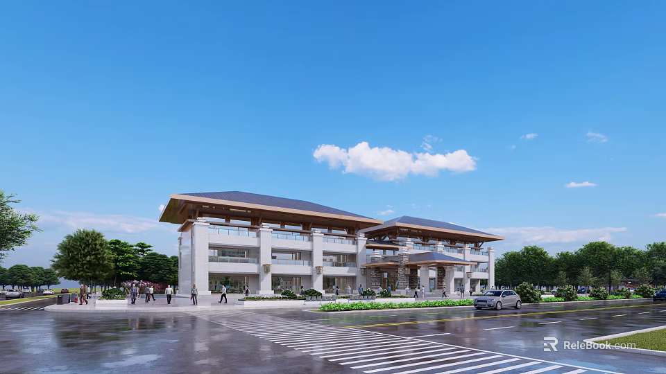 Modern Office Building With Stone Facade Flat Roof And Green Trees Around 3d model 
