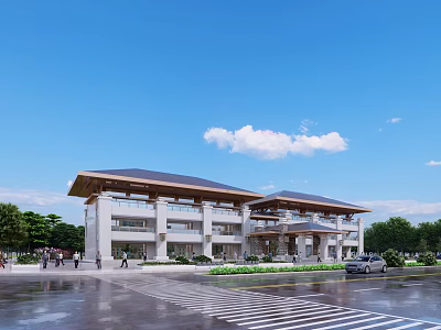 Modern Office Building With Stone Facade Flat Roof And Green Trees Around 3d model