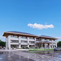 Modern Office Building With Stone Facade Flat Roof And Green Trees Around