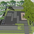 Garden Landscape Design With Trees Paved Area Seating And Distant Countryside View 3d model