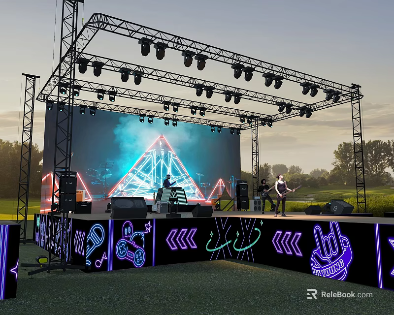 Outdoor Evening Stage With Metal Truss Lighting LED Screen Band Neon Decorations And Grass Background 3d model 