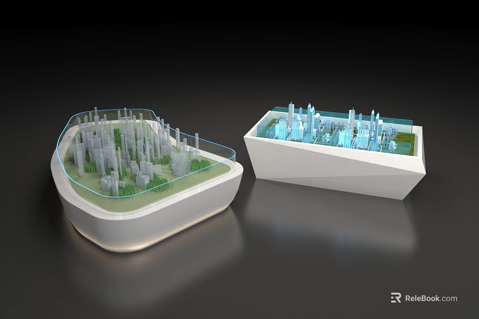 Architectural Model Display With Oval And Rectangular Shapes Featuring Green And Blue Structures 3d model