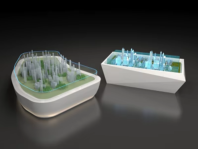 Architectural Model Display With Oval And Rectangular Shapes Featuring Green And Blue Structures 3d model