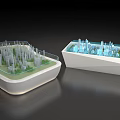 Architectural Model Display With Oval And Rectangular Shapes Featuring Green And Blue Structures 3d model