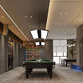 Modern Billiard Room With Green Felt Tables Pendant Lights 8 Ball Sign And Potted Plants