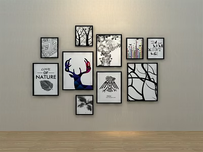 Wall Art Decor With Multiple Framed Prints Nature Theme Deer Leaf And Plant Designs 3d model