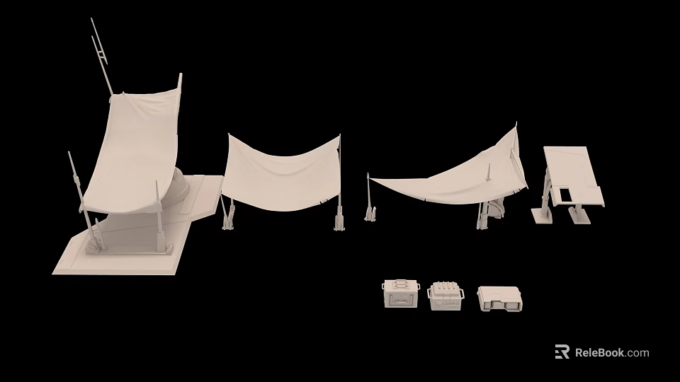 White Canvas Tent Structures With Foldable Boxes And Support Poles 3d model